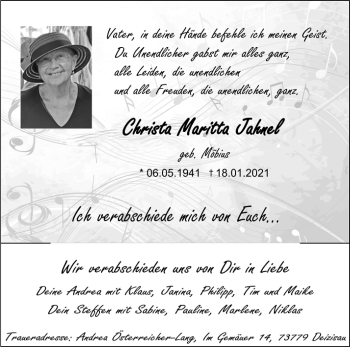 Traueranzeige von Christa Maritta Jahnel von Waiblinger Kreiszeitung