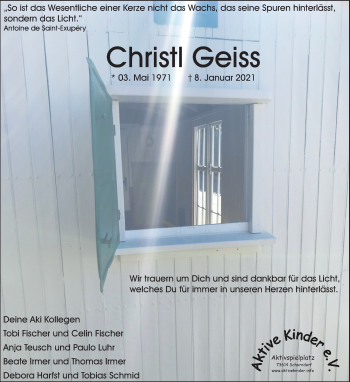 Traueranzeige von Christl Geiss von Waiblinger Kreiszeitung