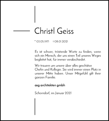 Traueranzeige von Christl Geiss von Waiblinger Kreiszeitung