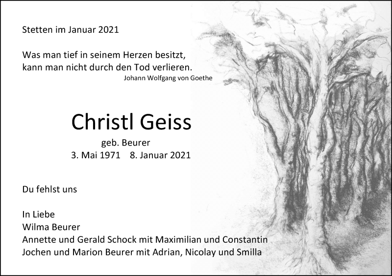  Traueranzeige für Christl Geiss vom 12.01.2021 aus Waiblinger Kreiszeitung