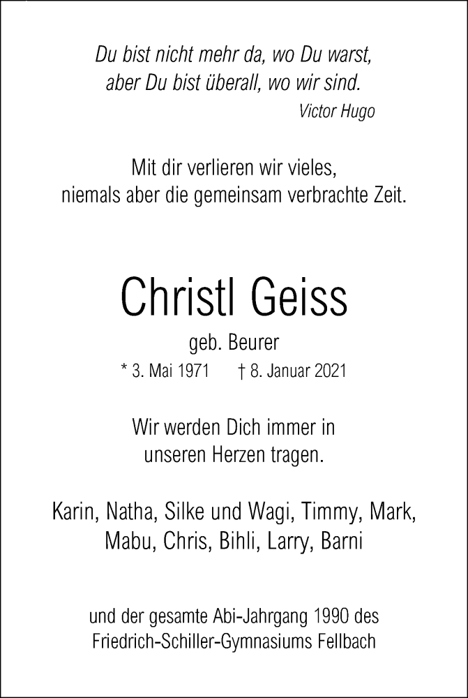  Traueranzeige für Christl Geiss vom 12.01.2021 aus Waiblinger Kreiszeitung