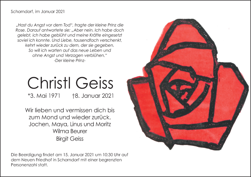  Traueranzeige für Christl Geiss vom 12.01.2021 aus Waiblinger Kreiszeitung