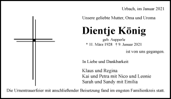Traueranzeige von Dientje König von Waiblinger Kreiszeitung