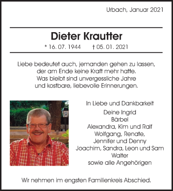 Traueranzeige von Dieter Krautter von Waiblinger Kreiszeitung