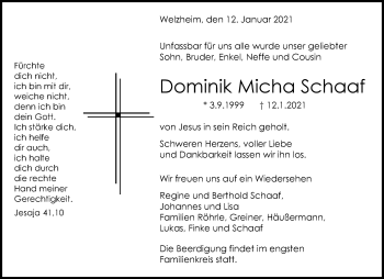 Traueranzeige von Dominik Micha Schaaf von Waiblinger Kreiszeitung