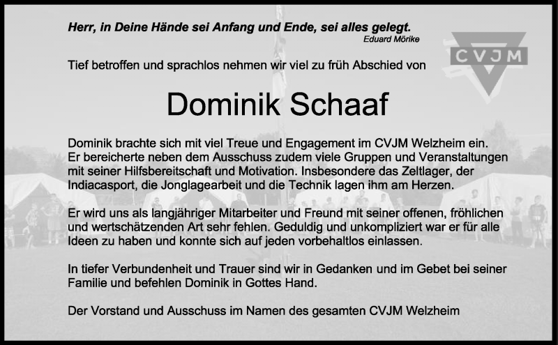  Traueranzeige für Dominik Micha Schaaf vom 18.01.2021 aus Waiblinger Kreiszeitung