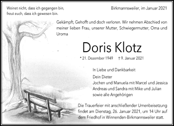 Traueranzeige von Doris Klotz von Waiblinger Kreiszeitung