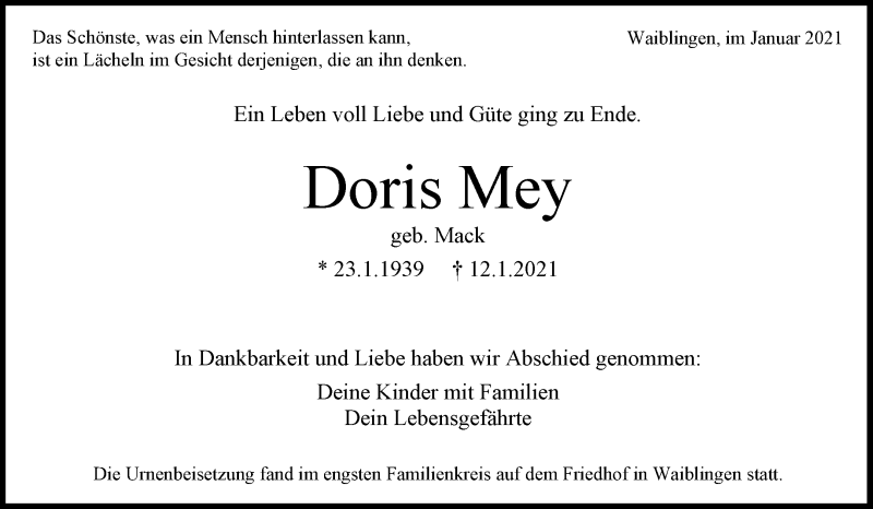  Traueranzeige für Doris Mey vom 28.01.2021 aus Waiblinger Kreiszeitung