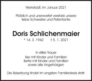 Traueranzeige von Doris Schlichenmaier von Waiblinger Kreiszeitung