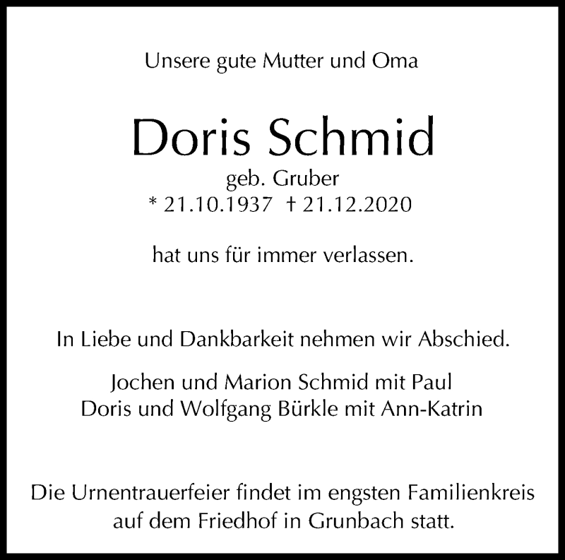  Traueranzeige für Doris Schmid vom 16.01.2021 aus Waiblinger Kreiszeitung