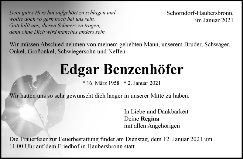  Traueranzeige für Edgar Benzenhöfer vom 08.01.2021 aus Waiblinger Kreiszeitung