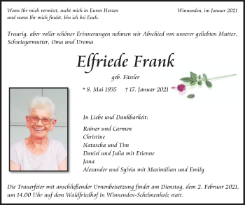 Traueranzeige von Elfriede Frank von Waiblinger Kreiszeitung