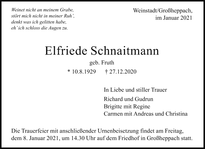  Traueranzeige für Elfriede Schnaitmann vom 05.01.2021 aus Waiblinger Kreiszeitung