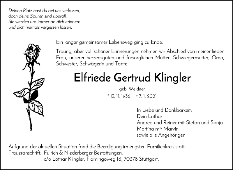  Traueranzeige für Elfriede Gertrud Klingler vom 18.01.2021 aus Waiblinger Kreiszeitung