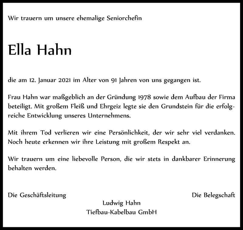  Traueranzeige für Ella Hahn vom 16.01.2021 aus Waiblinger Kreiszeitung