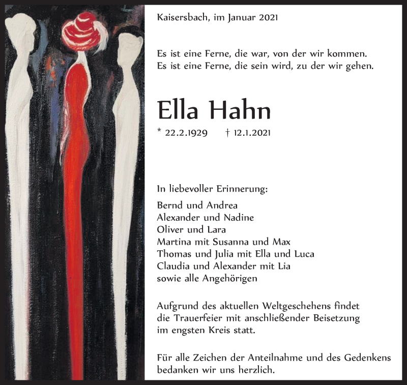  Traueranzeige für Ella Hahn vom 16.01.2021 aus Waiblinger Kreiszeitung