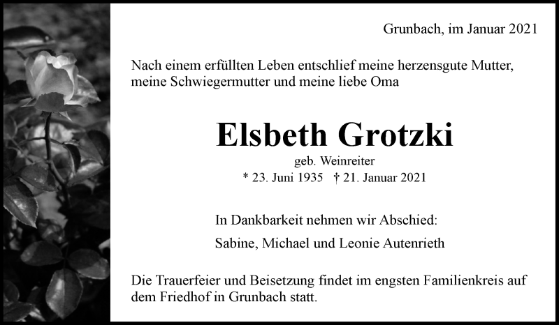  Traueranzeige für Elsbeth Grotzki vom 23.01.2021 aus Waiblinger Kreiszeitung