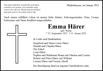 Traueranzeige von Emma Härer von Waiblinger Kreiszeitung