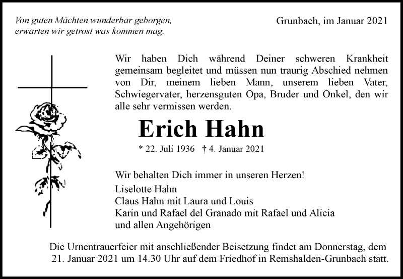  Traueranzeige für Erich Hahn vom 13.01.2021 aus Waiblinger Kreiszeitung