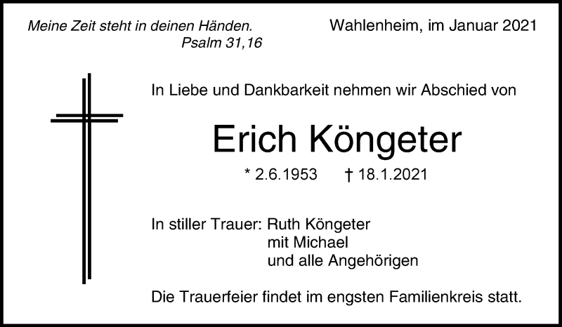 Traueranzeige für Erich Köngeter vom 27.01.2021 aus Waiblinger Kreiszeitung