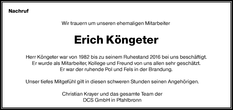  Traueranzeige für Erich Köngeter vom 28.01.2021 aus Waiblinger Kreiszeitung