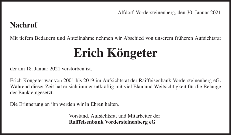  Traueranzeige für Erich Köngeter vom 30.01.2021 aus Waiblinger Kreiszeitung