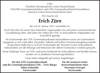 Traueranzeige von Erich Zürn von Waiblinger Kreiszeitung