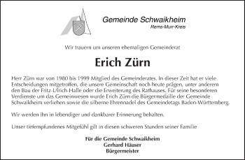 Traueranzeige von Erich Zürn von Waiblinger Kreiszeitung
