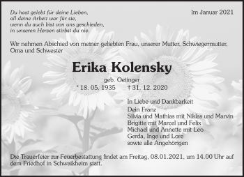 Traueranzeige von Erika Kolensky von Waiblinger Kreiszeitung