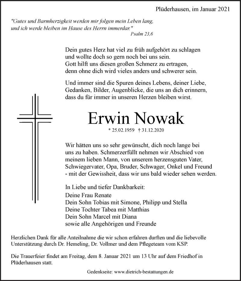 Traueranzeige für Erwin Nowak vom 04.01.2021 aus Waiblinger Kreiszeitung