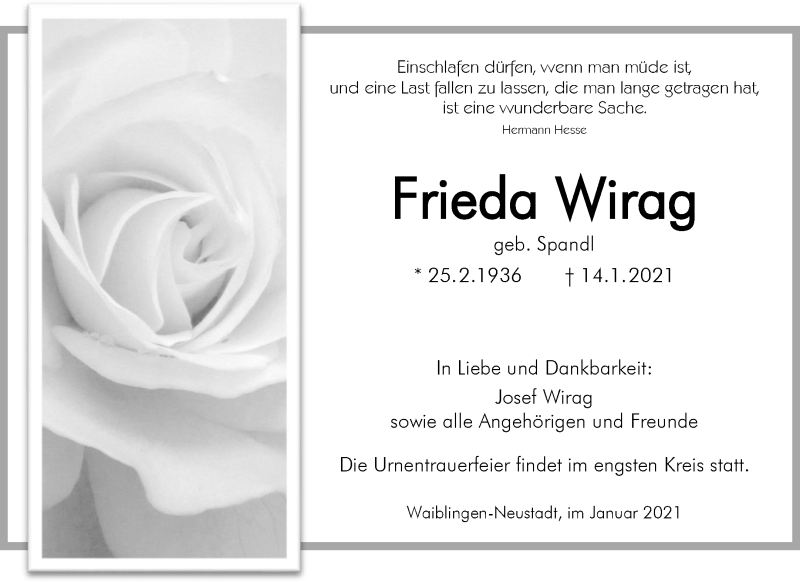  Traueranzeige für Frieda Wirag vom 23.01.2021 aus Waiblinger Kreiszeitung