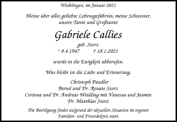 Traueranzeige von Gabriele Callies von Waiblinger Kreiszeitung