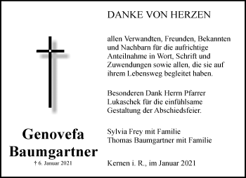 Traueranzeige von Genovefa Baumgartner von Waiblinger Kreiszeitung