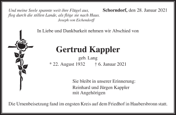 Traueranzeige von Gertrud Kappler von Waiblinger Kreiszeitung