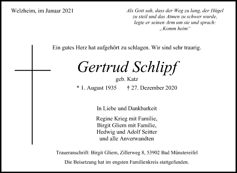 Traueranzeige für Gertrud Schlipf vom 07.01.2021 aus Waiblinger Kreiszeitung