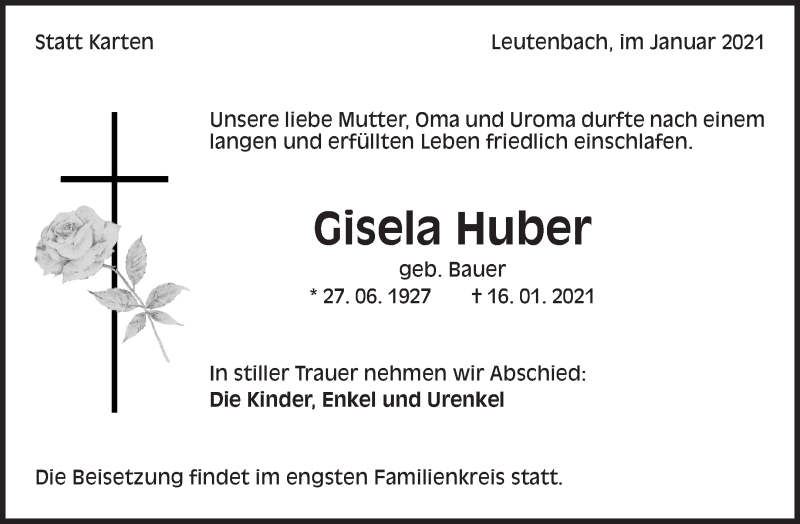  Traueranzeige für Gisela Huber vom 20.01.2021 aus Waiblinger Kreiszeitung