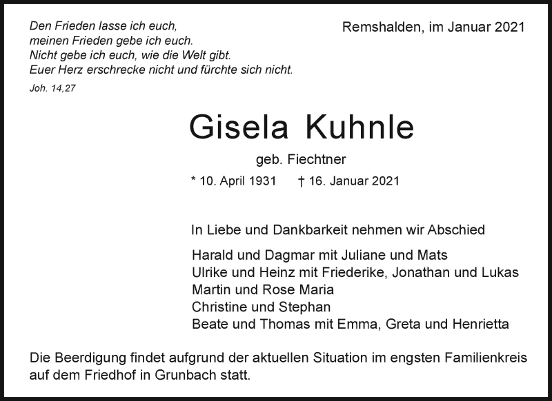  Traueranzeige für Gisela Kuhnle vom 20.01.2021 aus Waiblinger Kreiszeitung