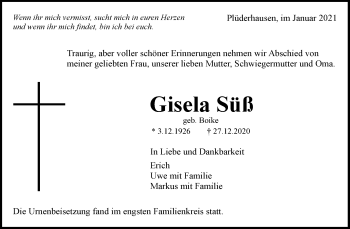 Traueranzeige von Gisela Süß von Waiblinger Kreiszeitung