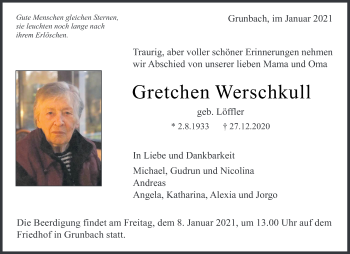 Traueranzeige von Gretchen Werschkull von Waiblinger Kreiszeitung