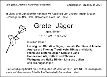 Traueranzeige von Gretel Jäger von Waiblinger Kreiszeitung
