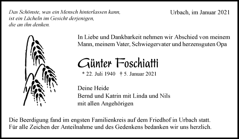  Traueranzeige für Günter Foschiatti vom 16.01.2021 aus Waiblinger Kreiszeitung