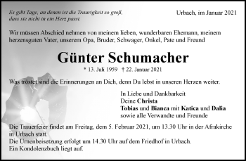 Traueranzeige von Günter Schumacher von Waiblinger Kreiszeitung