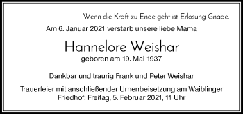 Traueranzeige von Hannelore Weishar von Waiblinger Kreiszeitung