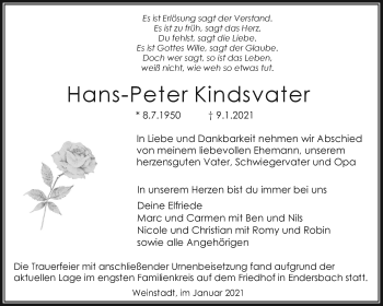 Traueranzeige von Hans-Peter Kindsvater von Waiblinger Kreiszeitung