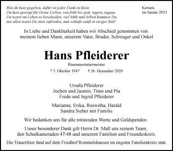 Traueranzeige von Hans Pfleiderer von Waiblinger Kreiszeitung