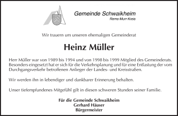 Traueranzeige von Heinz Müller von Waiblinger Kreiszeitung