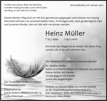Traueranzeige von Heinz Müller von Waiblinger Kreiszeitung