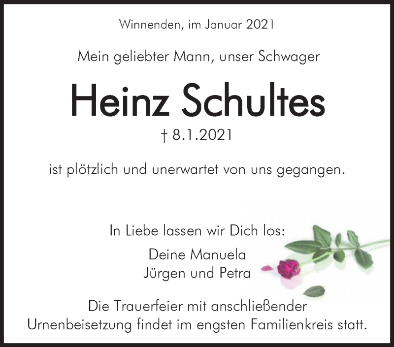  Traueranzeige für Heinz Schultes vom 16.01.2021 aus Waiblinger Kreiszeitung