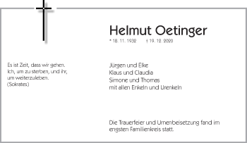 Traueranzeige von Helmut Oetinger von Waiblinger Kreiszeitung