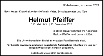 Traueranzeige von Helmut Pfeiffer von Waiblinger Kreiszeitung